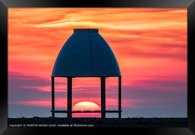 Folkestone beach shelter sunset 4 Framed Print by MARTIN WOOD