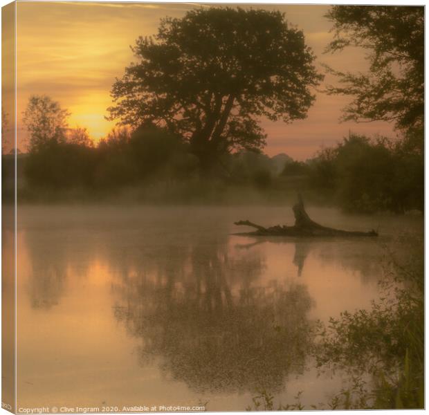 Mist over a pond at sunrise Canvas Print by Clive Ingram