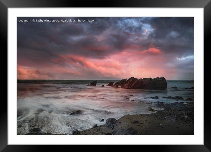 Gunwalloe  doller cove Cornwall at sunset,red sky, Framed Mounted Print by kathy white