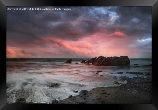 Gunwalloe  doller cove Cornwall at sunset,red sky, Framed Print by kathy white