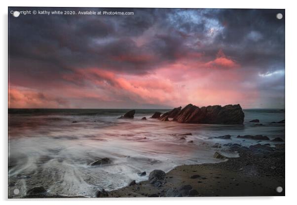 Gunwalloe  doller cove Cornwall at sunset,red sky, Acrylic by kathy white