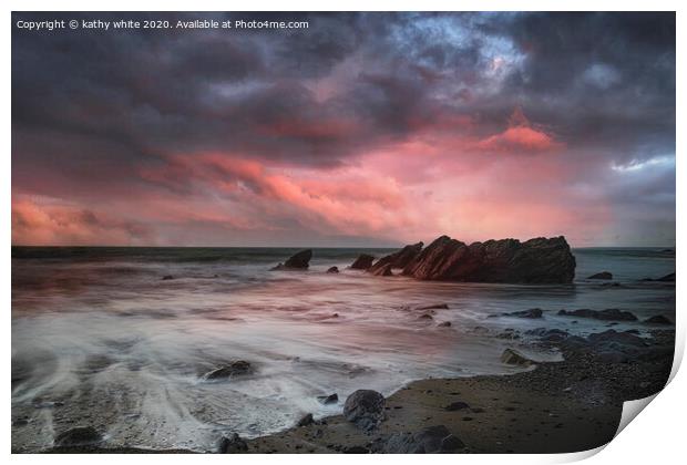 Gunwalloe  doller cove Cornwall at sunset,red sky, Print by kathy white