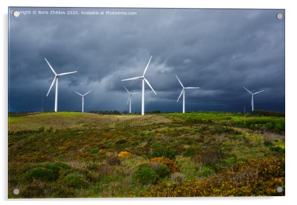 Windmills against dramatic sky. Acrylic by Boris Zhitkov