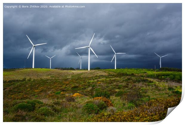 Windmills against dramatic sky. Print by Boris Zhitkov