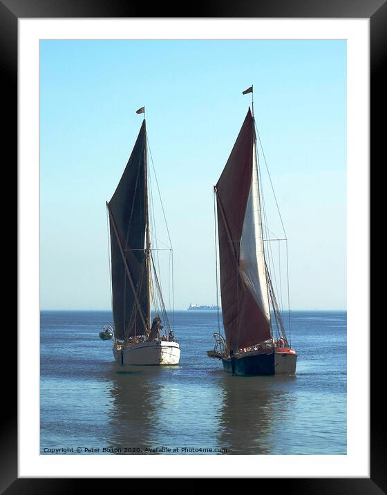 Thames sailing barges off Southend on Sea pier, Es Framed Mounted Print by Peter Bolton