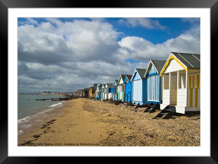Beach huts at Thorpe Bay, Thames Estuary, Essex, UK Framed Mounted Print by Peter Bolton
