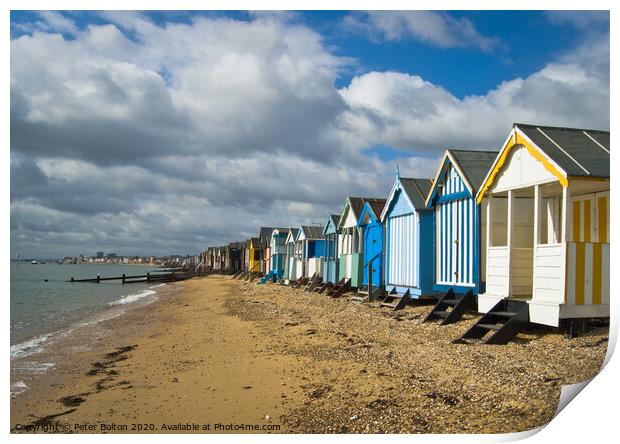 Beach huts at Thorpe Bay, Thames Estuary, Essex, UK Print by Peter Bolton