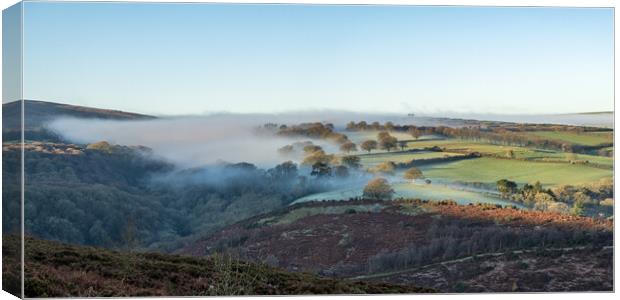 Mist clearing the fields of Cloutsham Farm, Exmoor National Park Canvas Print by Shaun Davey
