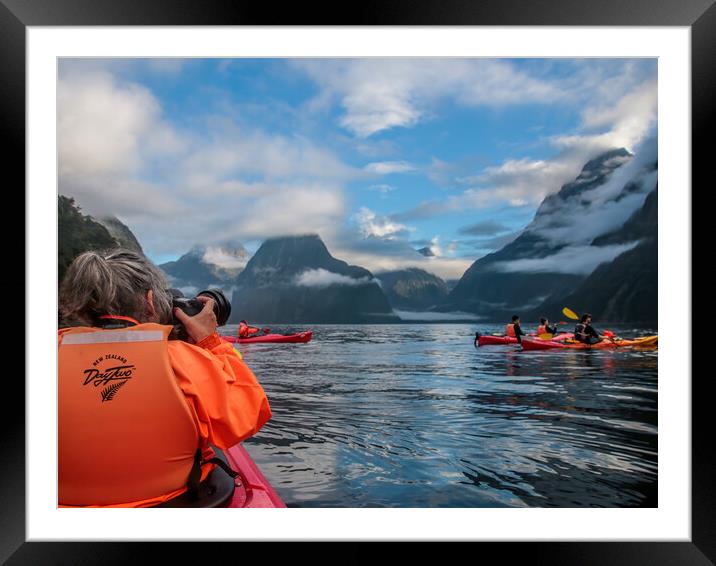 Kayaking on Milford Sound between the Mountains in Framed Mounted Print by Chantal Cooper