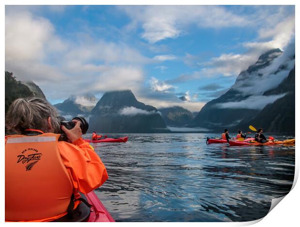 Kayaking on Milford Sound between the Mountains in Print by Chantal Cooper