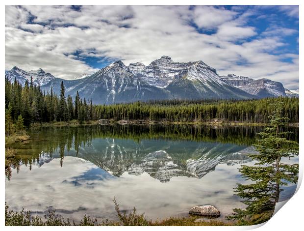 Mountain reflections in lake Print by Chantal Cooper