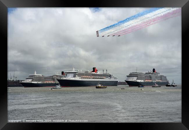 Three Cunard Queens and Red Arrows Flypast  Framed Print by Bernard Rose Photography