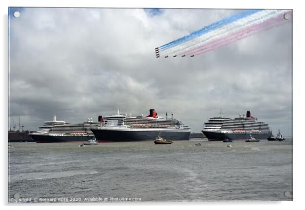 Three Cunard Queens and Red Arrows Flypast  Acrylic by Bernard Rose Photography