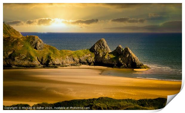 The Golden Sands of Three Cliffs Bay Print by Michael W Salter
