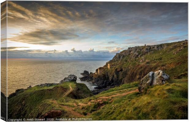 Sunset at the Botallack Tin Mines in West Cornwall Canvas Print by Heidi Stewart