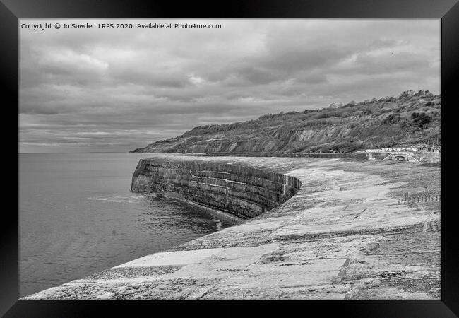 The Cobb, Lyme Regis in Mono. Framed Print by Jo Sowden