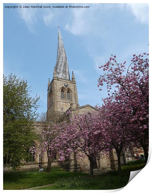 St Mary and All Saints church Chesterfield.  Print by Lilian Marshall