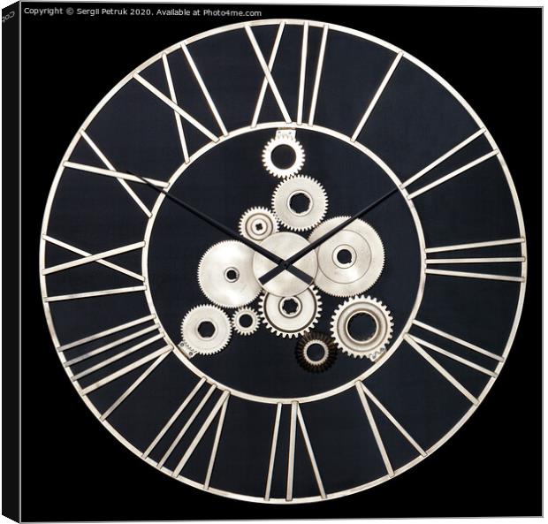 Unusual industrial wall clock made of metal and real gears, isolated on a black background. Canvas Print by Sergii Petruk