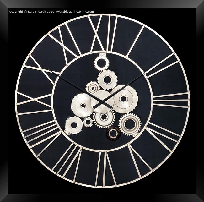 Unusual industrial wall clock made of metal and real gears, isolated on a black background. Framed Print by Sergii Petruk