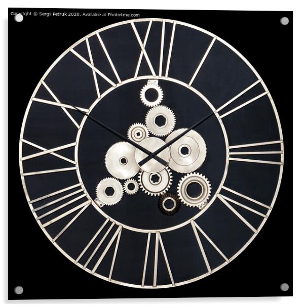 Unusual industrial wall clock made of metal and real gears, isolated on a black background. Acrylic by Sergii Petruk