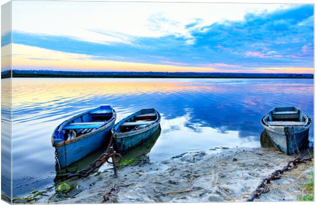 Old blue-green boats moored to the shore by old iron chains and stand on the shore of a calm river against the background of the morning horizon. Canvas Print by Sergii Petruk
