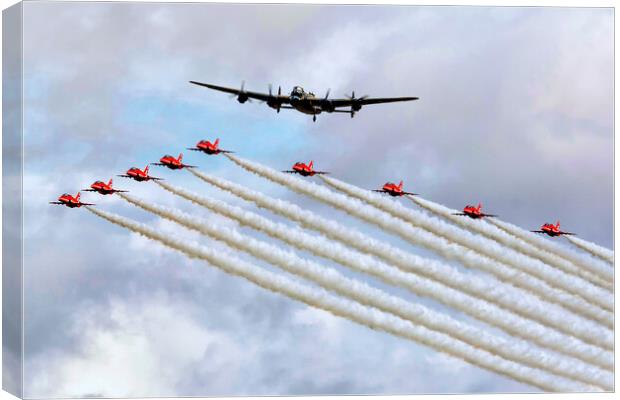 Lancaster and Red Arrows in formation Canvas Print by David Stanforth