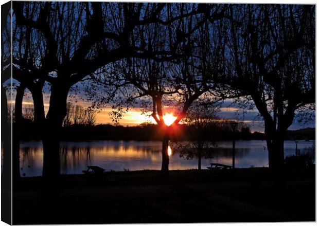 Sunset in Moissac South West of France, a lovely sunset at a picnic area next to the river Tarn, Canvas Print by Karen Noble