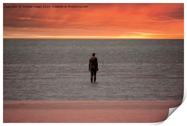 Statue on Crosby beach with a sunset Print by Andrew Heaps