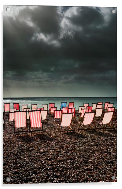 Deckchairs Beer Beach Devon Acrylic by Maggie McCall