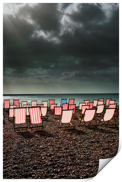 Deckchairs Beer Beach Devon Print by Maggie McCall