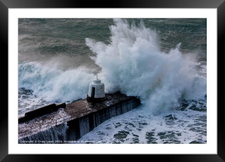 Large waves at Portreath harbour in Cornwall Framed Mounted Print by Craig Leoni