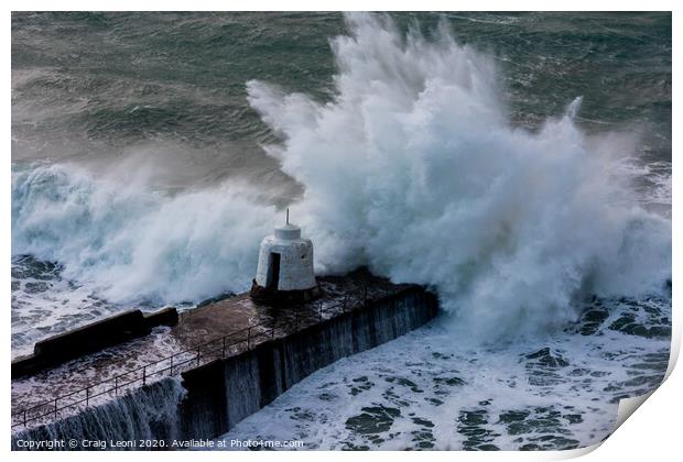 Large waves at Portreath harbour in Cornwall Print by Craig Leoni