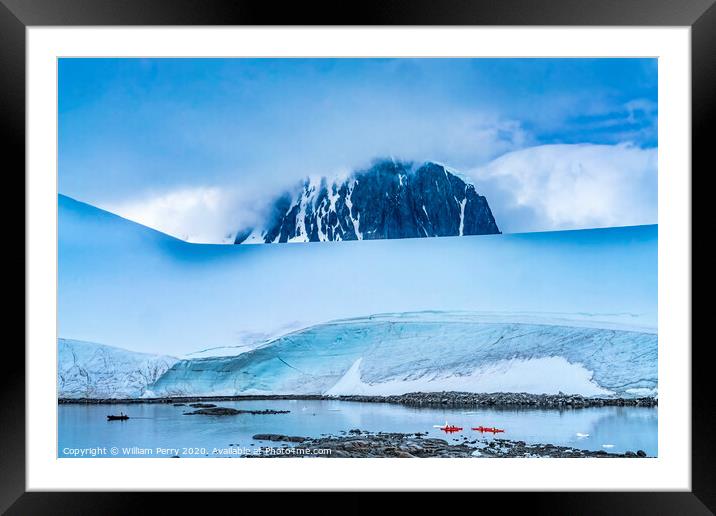 Red Kayaks Iceberg Snow Mountains Blue Glaciers Damoy Point Anta Framed Mounted Print by William Perry