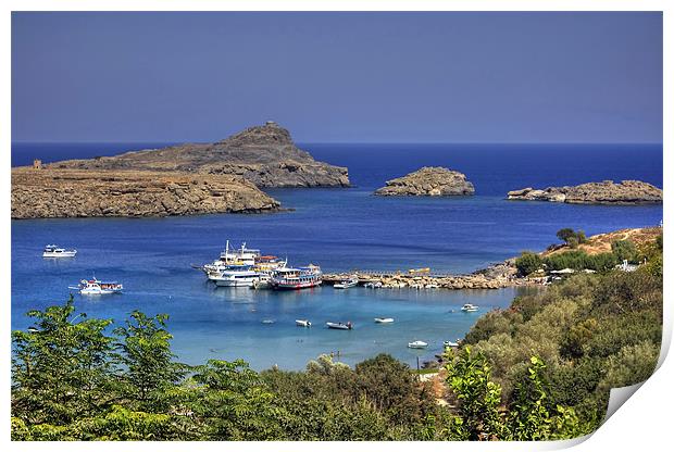 Boats in Lindos Bay Print by Tom Gomez