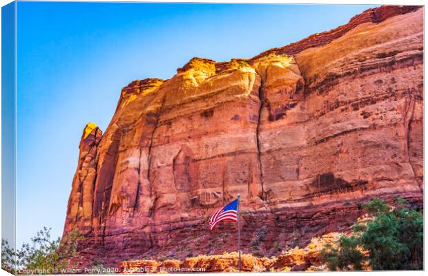 Red Canyon Cliff US Flag Monument Valley Utah Canvas Print by William Perry