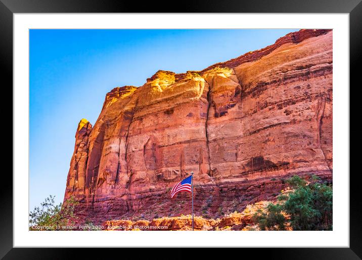 Red Canyon Cliff US Flag Monument Valley Utah Framed Mounted Print by William Perry