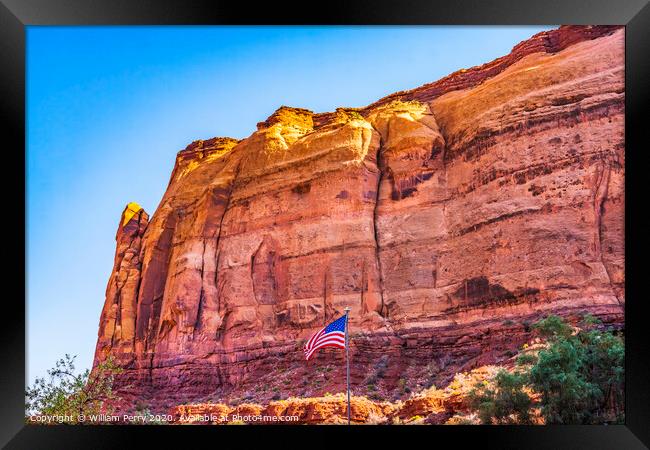 Red Canyon Cliff US Flag Monument Valley Utah Framed Print by William Perry