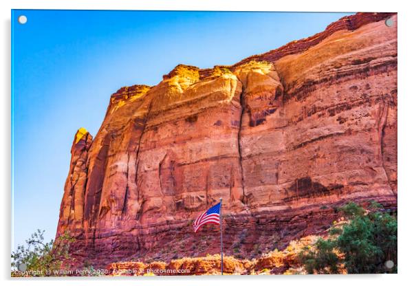 Red Canyon Cliff US Flag Monument Valley Utah Acrylic by William Perry