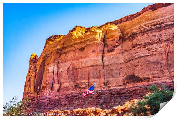 Red Canyon Cliff US Flag Monument Valley Utah Print by William Perry