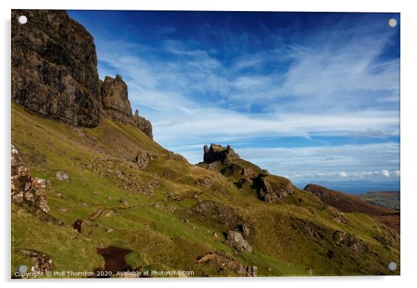 Blue skies over the Quiraing cliffs, Skye. Acrylic by Phill Thornton