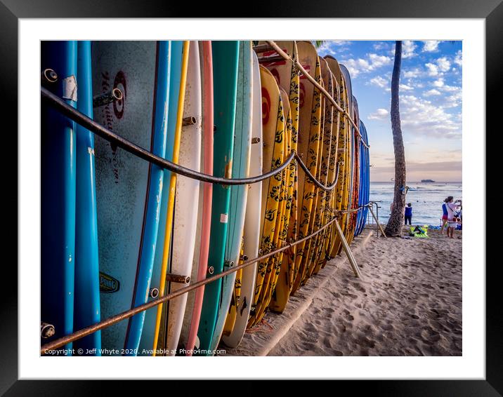 Waikiki Surfboard Framed Mounted Print by Jeff Whyte