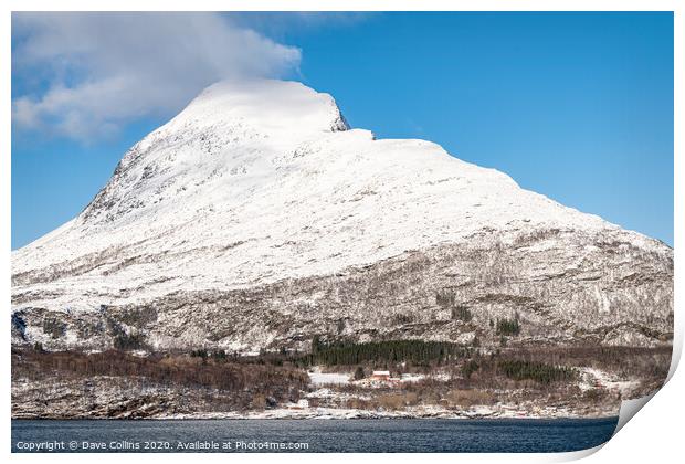 Snow covered hills on the Norwegian Coast in winter Print by Dave Collins
