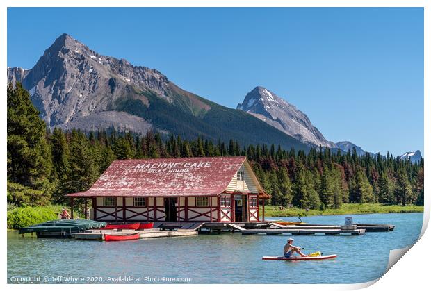 Boat House, Maligne Lake Print by Jeff Whyte