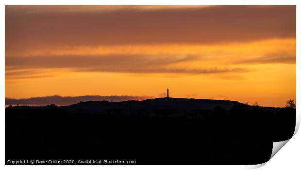Scottish Borders  at sunset with the Waterloo Monument in silhouette, Scottish Borders, UK Print by Dave Collins