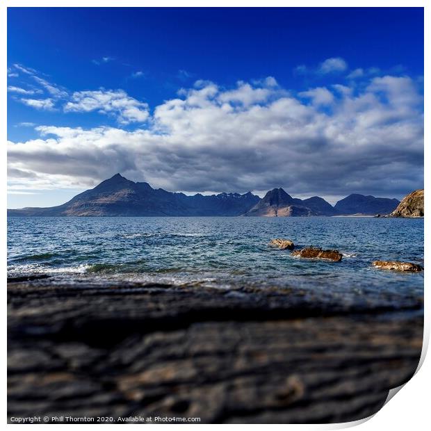 Black Cuillins and blue skies from Elgol Print by Phill Thornton