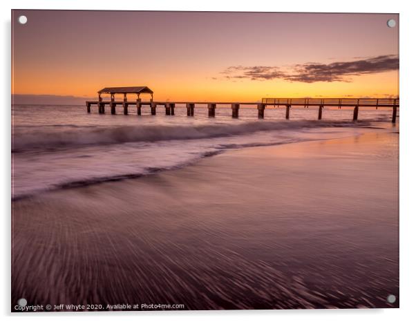 Waimea Town pier at sunset Acrylic by Jeff Whyte