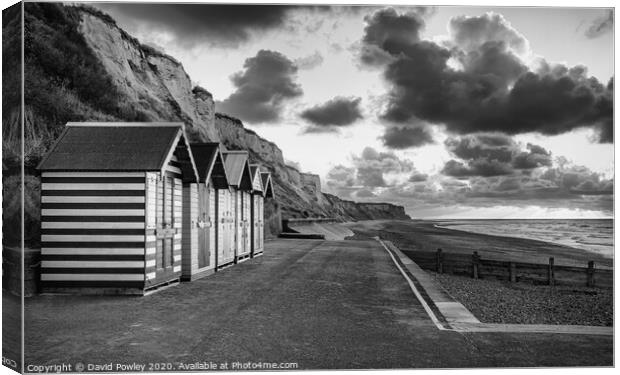 Cromer beach huts at sunset monochrome Canvas Print by David Powley