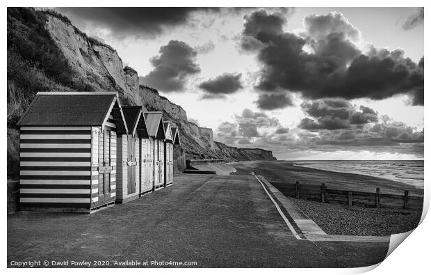 Cromer beach huts at sunset monochrome Print by David Powley