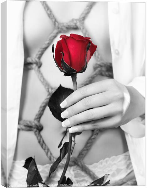 Wall Art print MXI22872: Woman with Red rose in Sensual Bondage photograph Canvas Print by MaximImages Wall Art