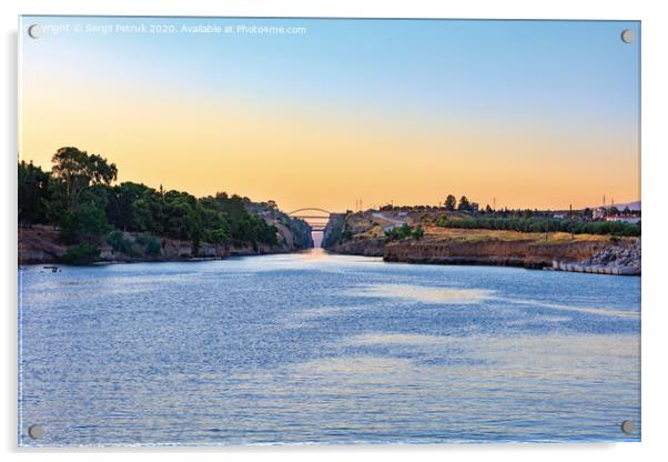 The Corinth Canal in the morning summer day illuminates the bright rising sun of Greece. Acrylic by Sergii Petruk